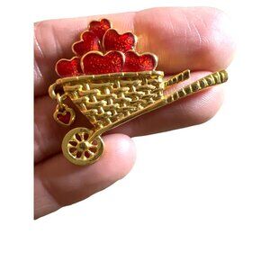 Avon Vintage Red Enamel Hearts Wheelbarrow Charm Brooch Basketweave Gold Tone